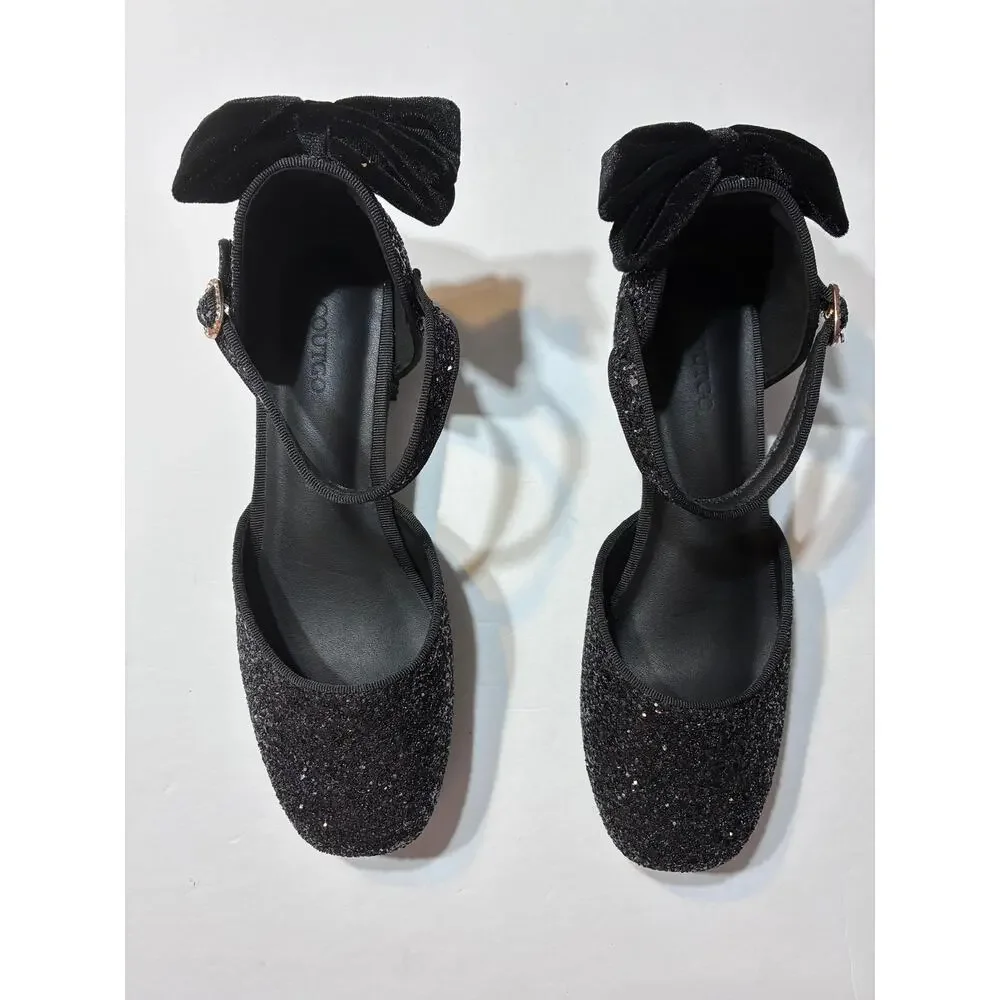 Coutgo Girls Glitter Bow Heels Platform Party Shoes Flower Girl Wedding Shoes